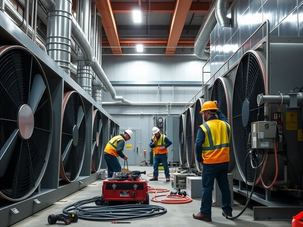 A photograph of MEP Care technicians applying coatings on-site at a large industrial HVAC installation, demonstrating the company's capability to handle complex projects in situ.